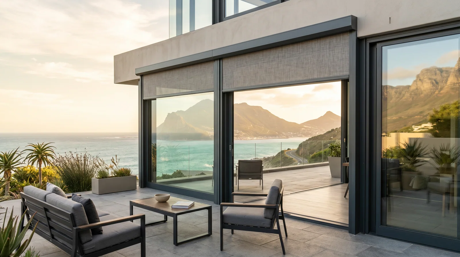 External Sunlux Roller Sun Screens — on a South African patio, Blind Solutions South Africa