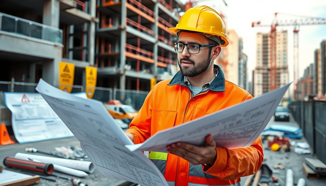 Construction engineer in safety gear reviewing blueprints on an active urban building site