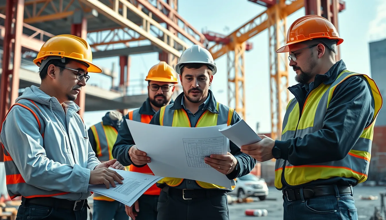 Construction workers in safety gear reviewing blueprints at a building site under clear sky.
